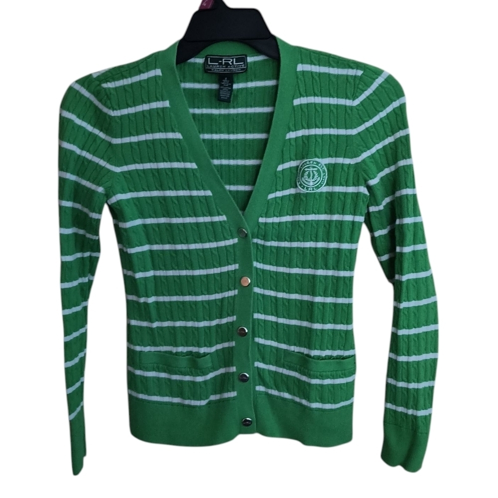 Lauren Ralph Lauren Active Green/White Striped Snap Front Cardigan Size S